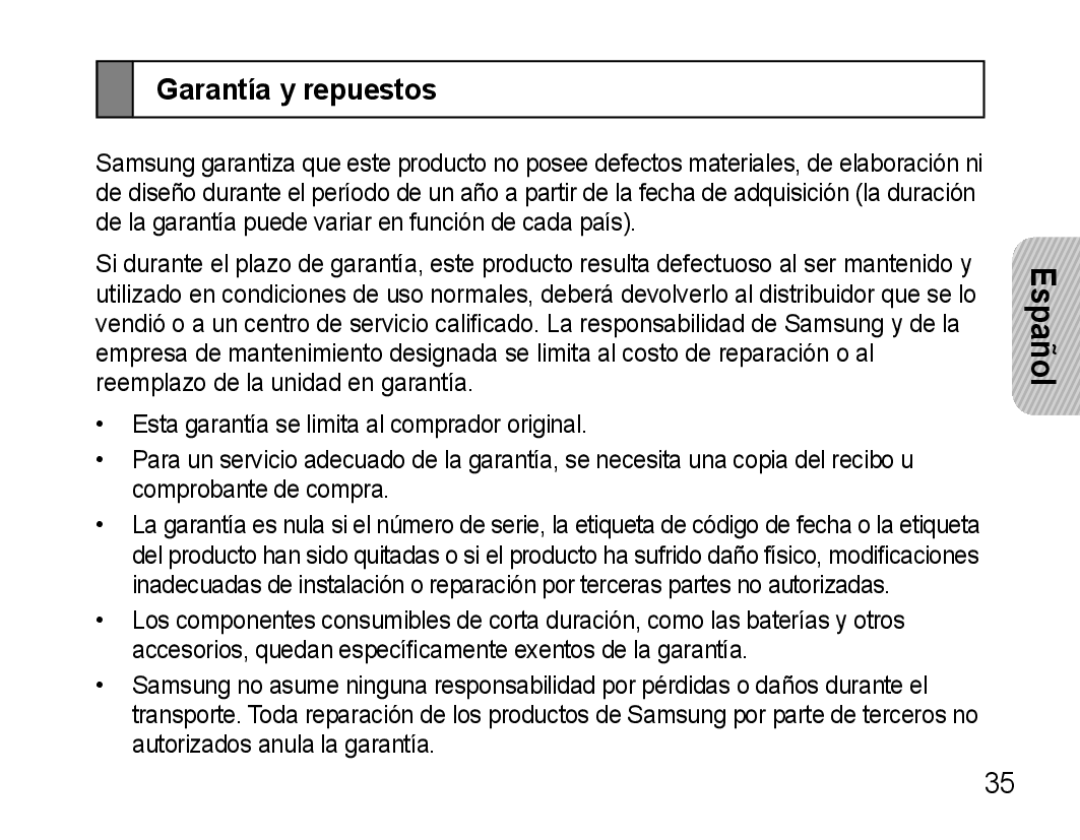 Samsung AWEP490PPECSTA, GH68-25765A manual Garantía y repuestos 