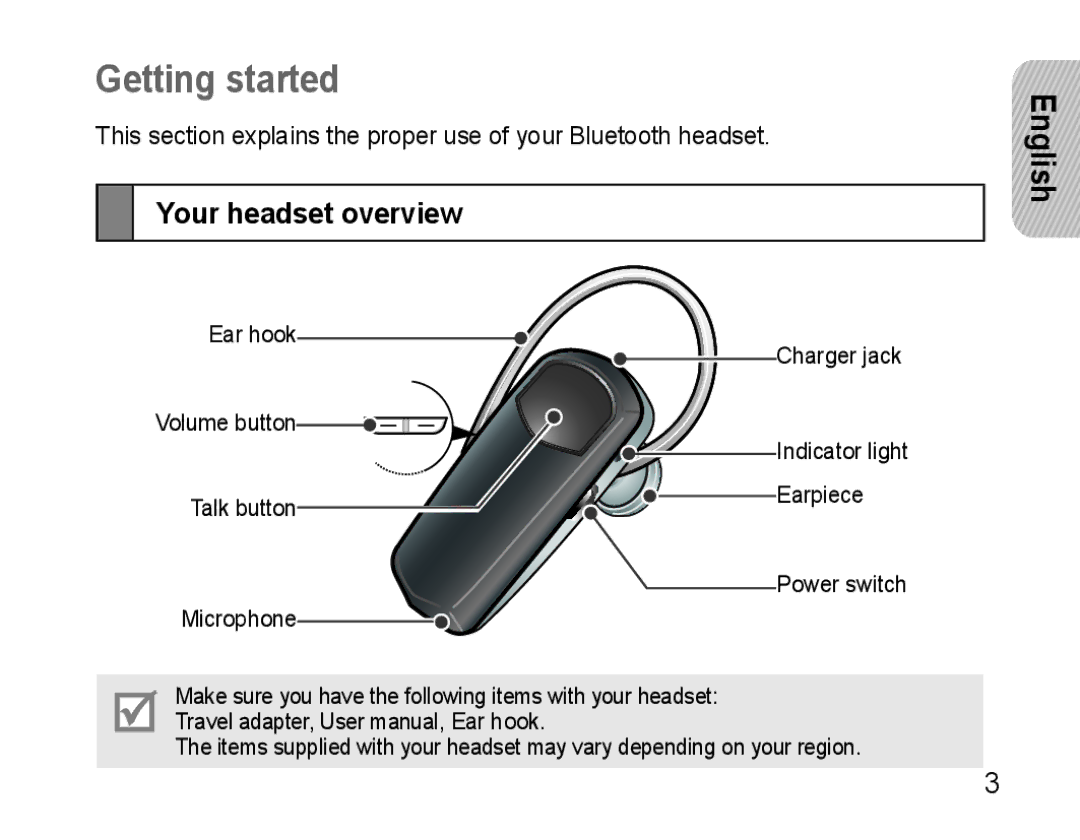 Samsung AWEP490PPECSTA, GH68-25765A manual Getting started, Your headset overview 