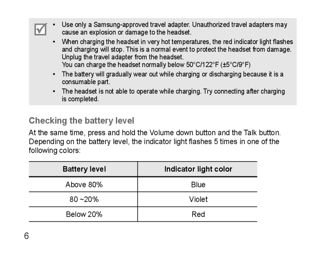 Samsung GH68-25765A, AWEP490PPECSTA manual Checking the battery level, Battery level Indicator light color 