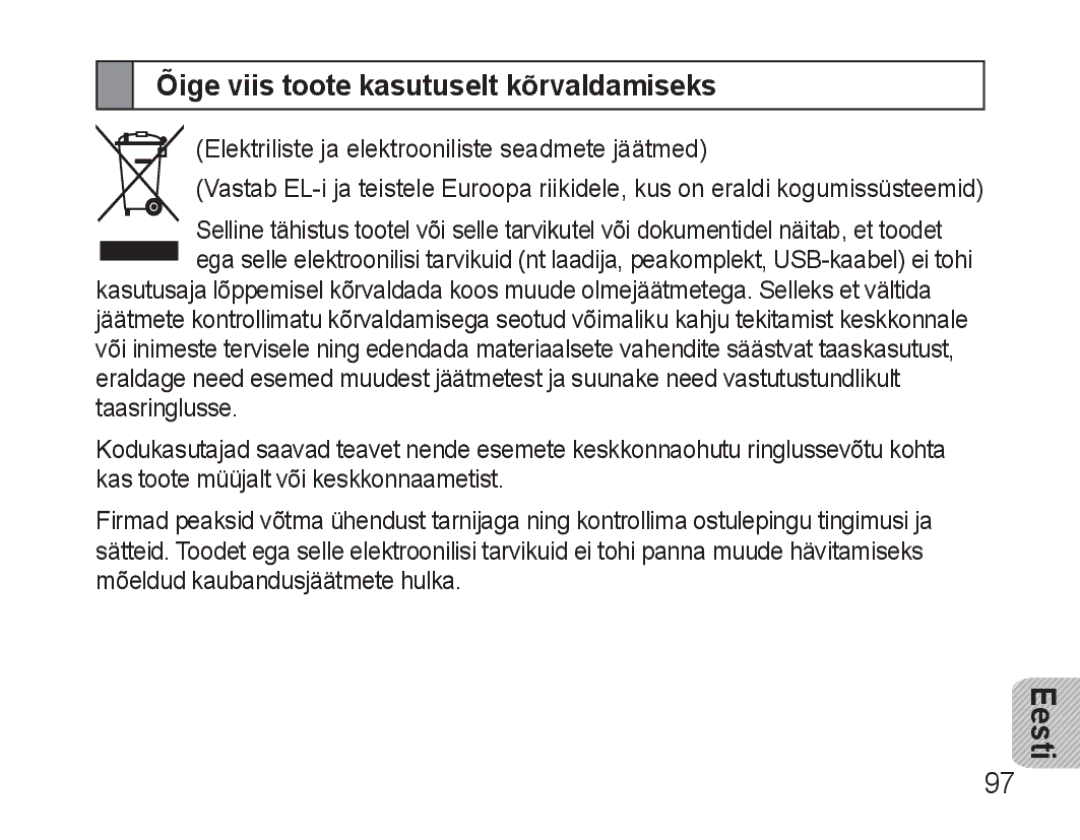 Samsung AWEP570VBECSER manual Õige viis toote kasutuselt kõrvaldamiseks 