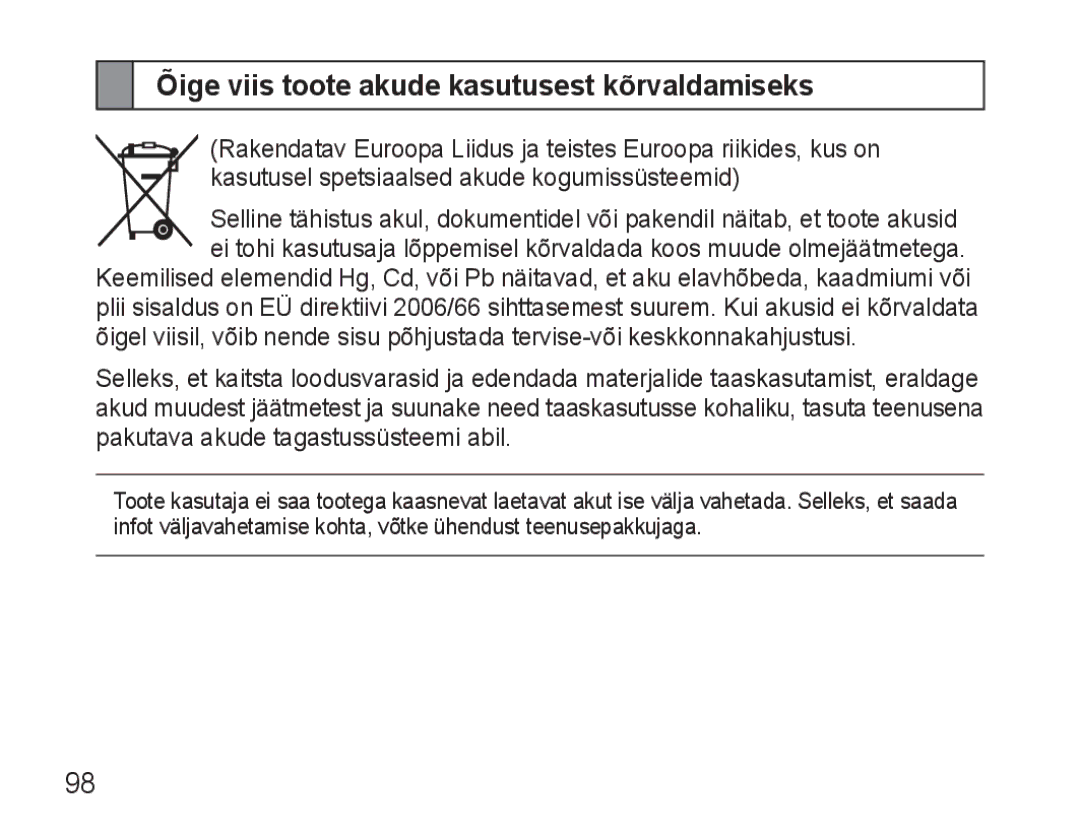 Samsung AWEP570VBECSER manual Õige viis toote akude kasutusest kõrvaldamiseks 