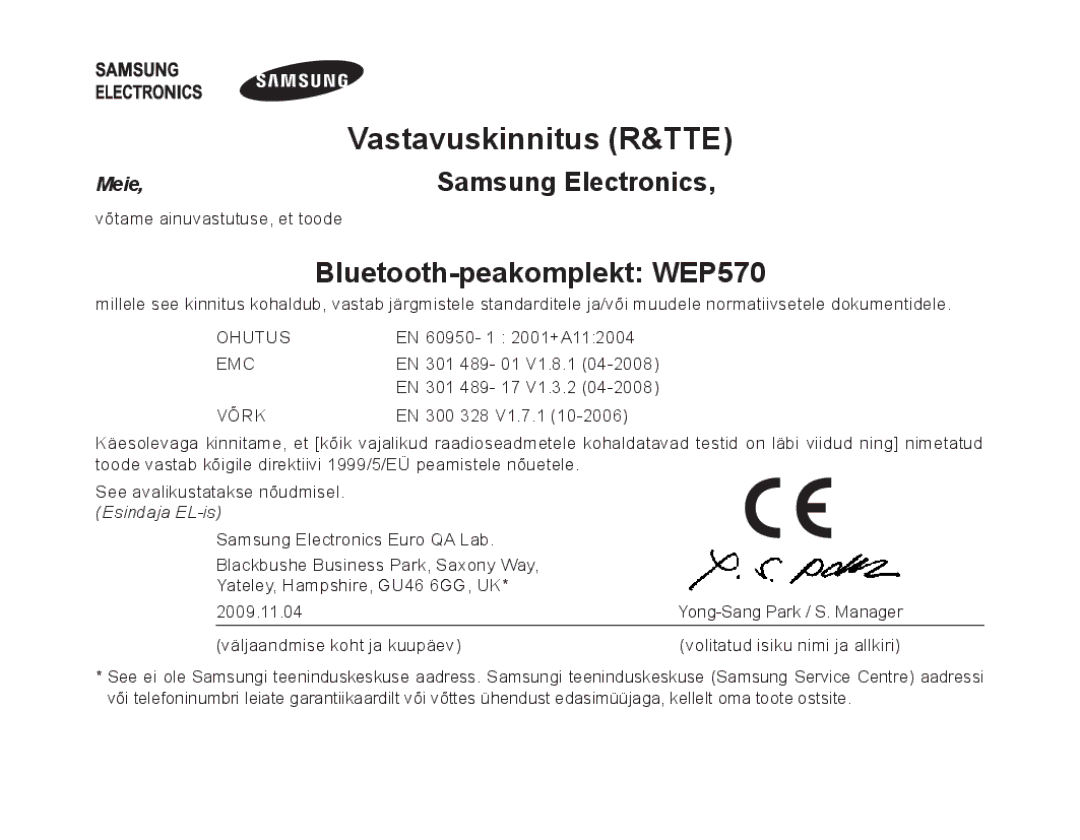 Samsung AWEP570VBECSER manual Vastavuskinnitus R&TTE, Bluetooth-peakomplekt WEP570 