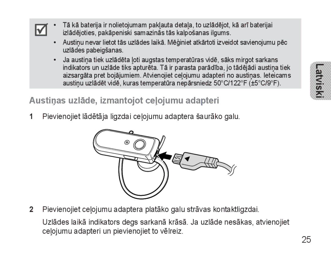 Samsung AWEP570VBECSER manual Austiņas uzlāde, izmantojot ceļojumu adapteri 