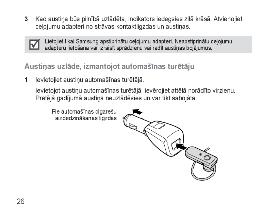 Samsung AWEP570VBECSER manual Austiņas uzlāde, izmantojot automašīnas turētāju 