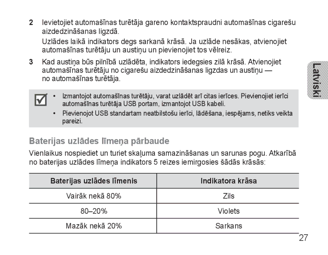 Samsung AWEP570VBECSER manual Baterijas uzlādes līmeņa pārbaude, Baterijas uzlādes līmenis Indikatora krāsa 