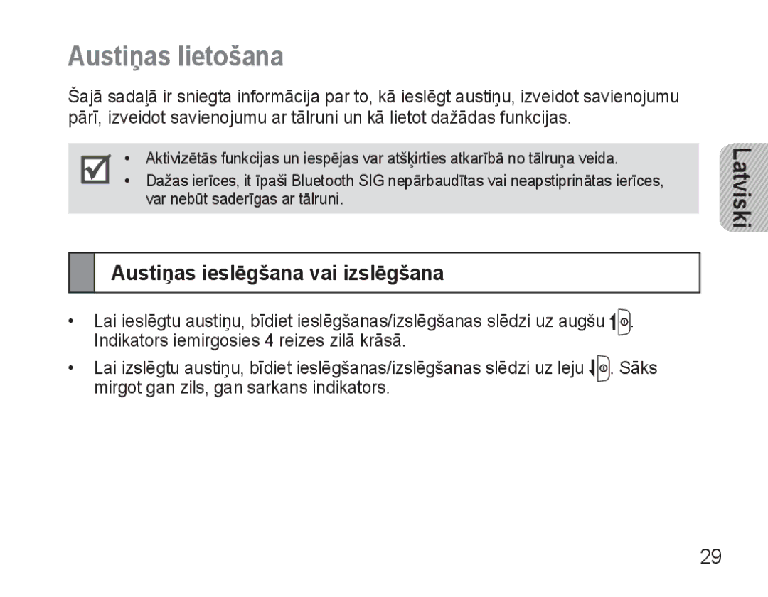 Samsung AWEP570VBECSER manual Austiņas lietošana, Austiņas ieslēgšana vai izslēgšana 