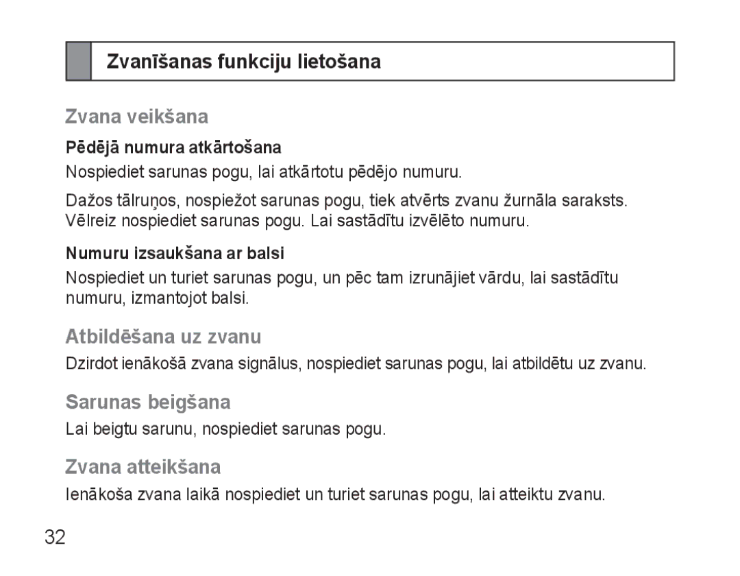 Samsung AWEP570VBECSER manual Zvanīšanas funkciju lietošana, Zvana veikšana, Atbildēšana uz zvanu, Sarunas beigšana 