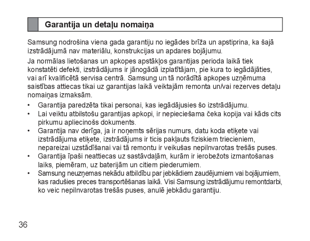 Samsung AWEP570VBECSER manual Garantija un detaļu nomaiņa 