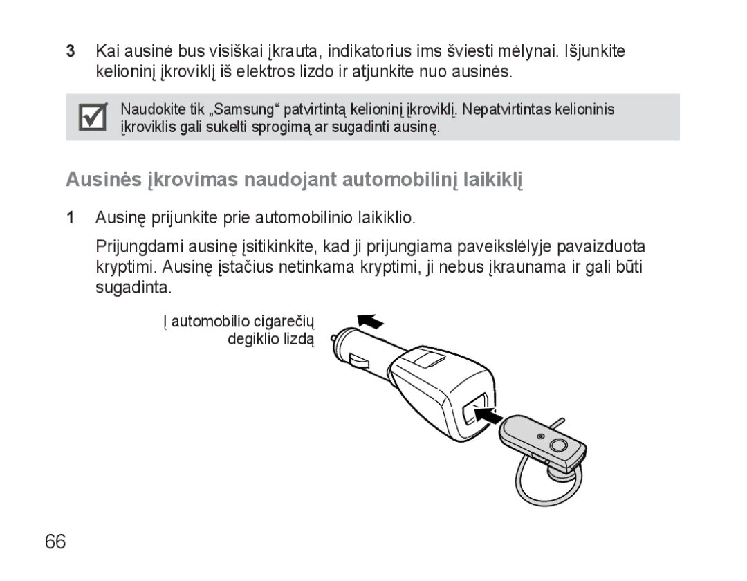 Samsung AWEP570VBECSER manual Ausinės įkrovimas naudojant automobilinį laikiklį 