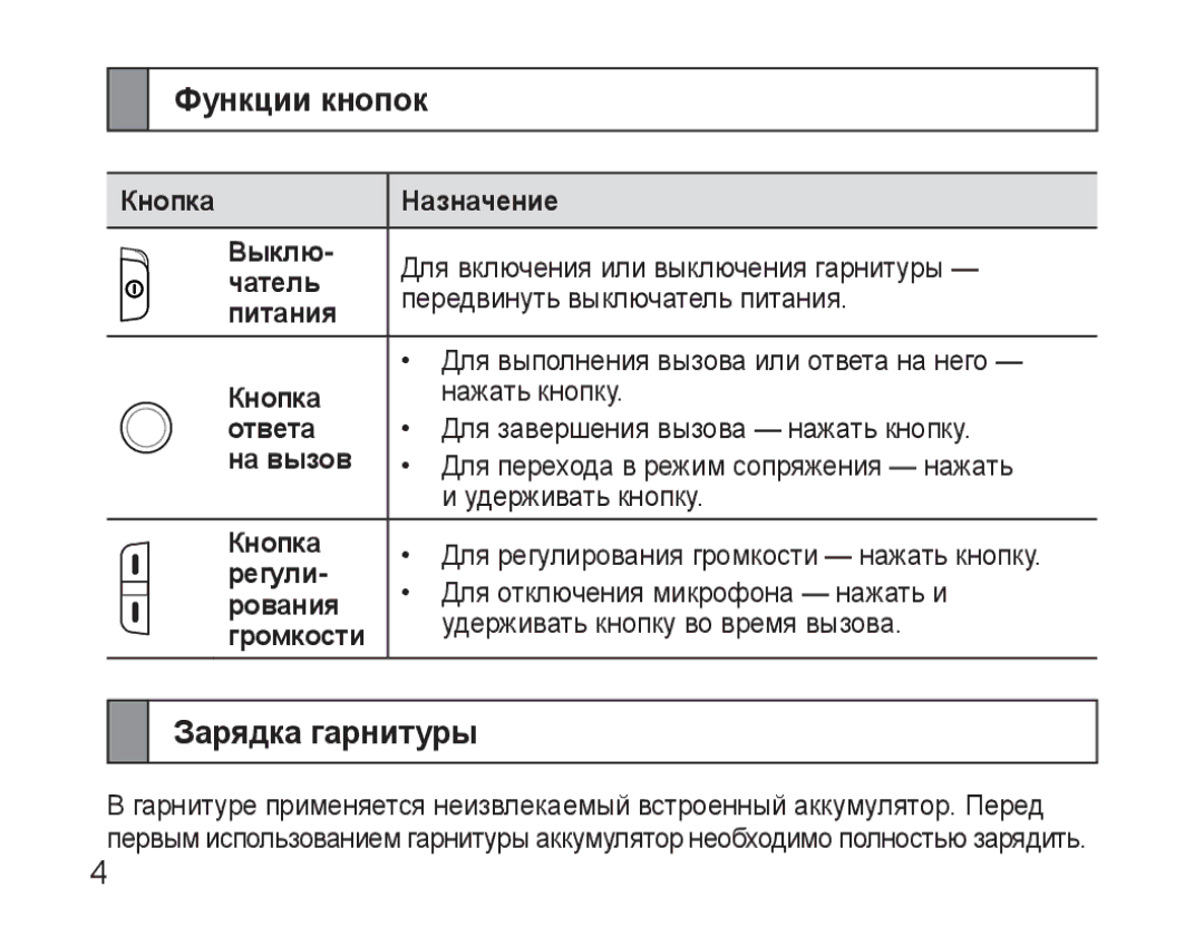 Samsung AWEP570VBECSER manual Функции кнопок, Зарядка гарнитуры 