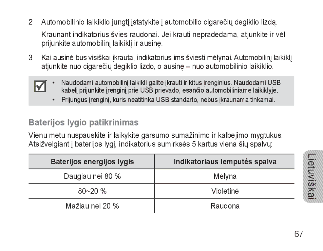 Samsung AWEP570VBECSER manual Baterijos lygio patikrinimas, Baterijos energijos lygis Indikatoriaus lemputės spalva 