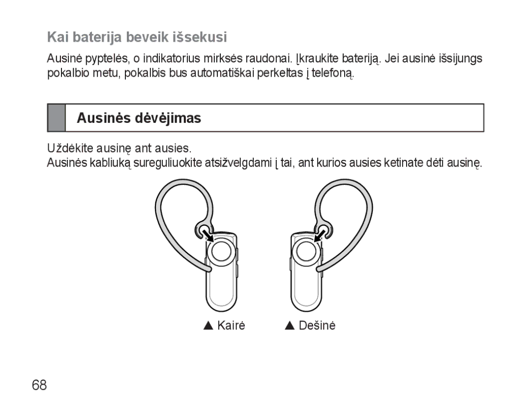 Samsung AWEP570VBECSER manual Kai baterija beveik išsekusi, Ausinės dėvėjimas 