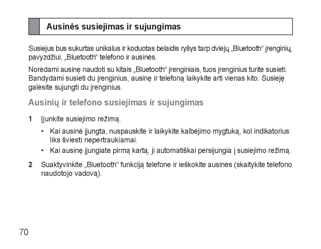 Samsung AWEP570VBECSER manual Ausinės susiejimas ir sujungimas, Ausinių ir telefono susiejimas ir sujungimas 