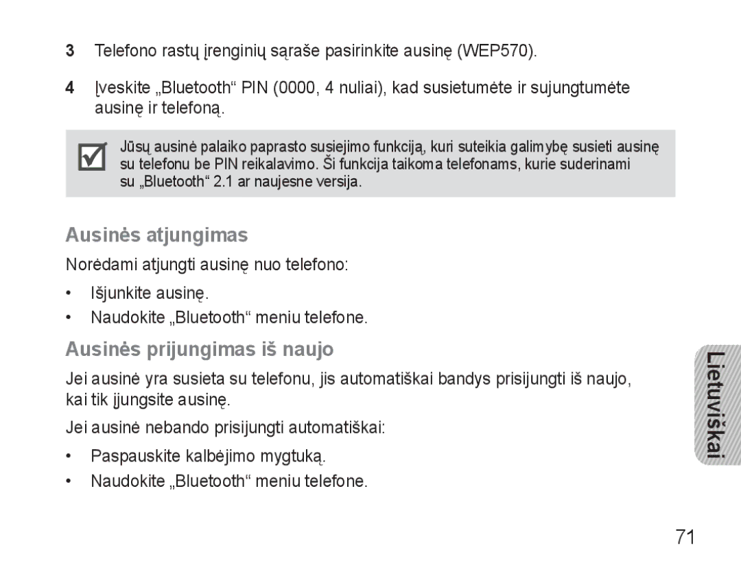 Samsung AWEP570VBECSER manual Ausinės atjungimas, Ausinės prijungimas iš naujo 