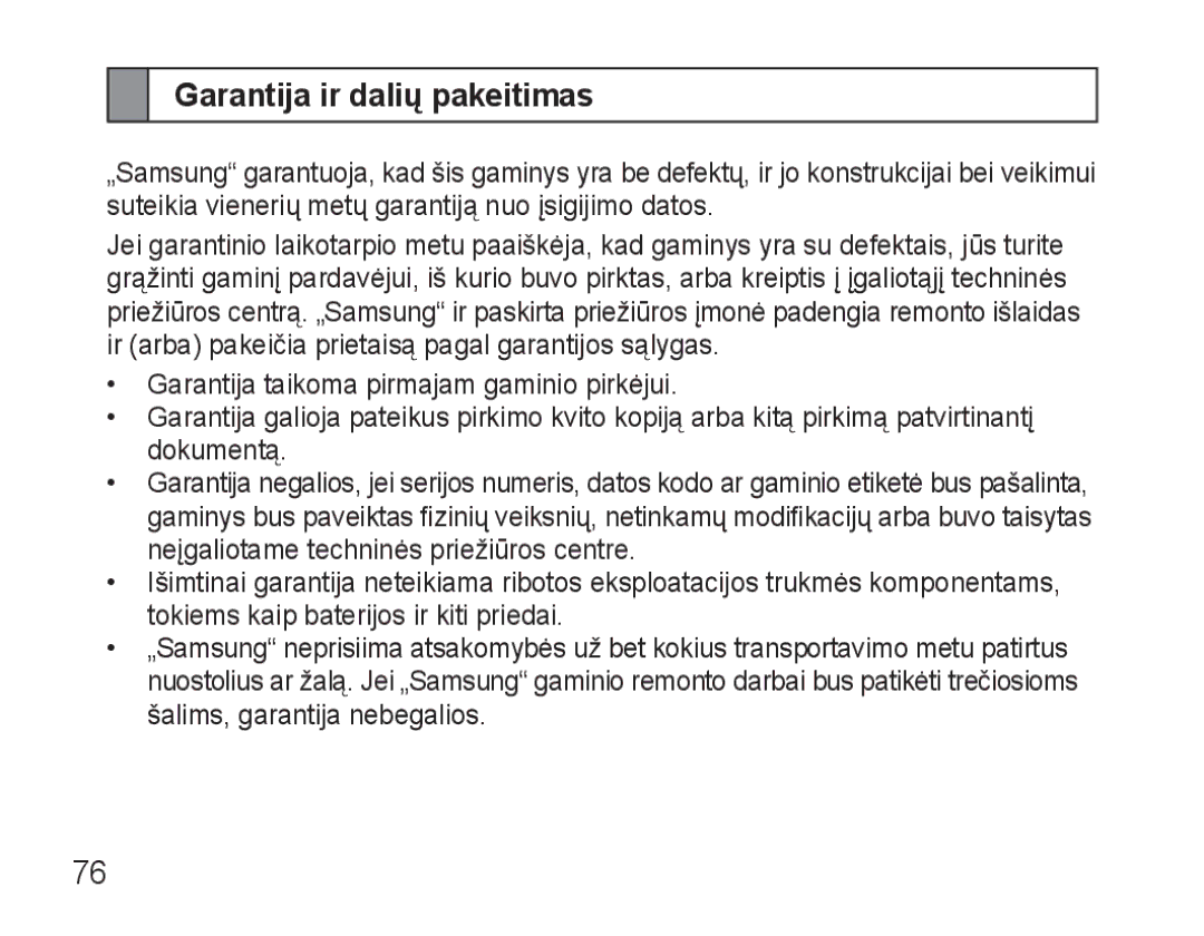 Samsung AWEP570VBECSER manual Garantija ir dalių pakeitimas 