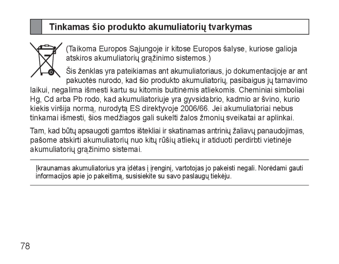 Samsung AWEP570VBECSER manual Tinkamas šio produkto akumuliatorių tvarkymas 