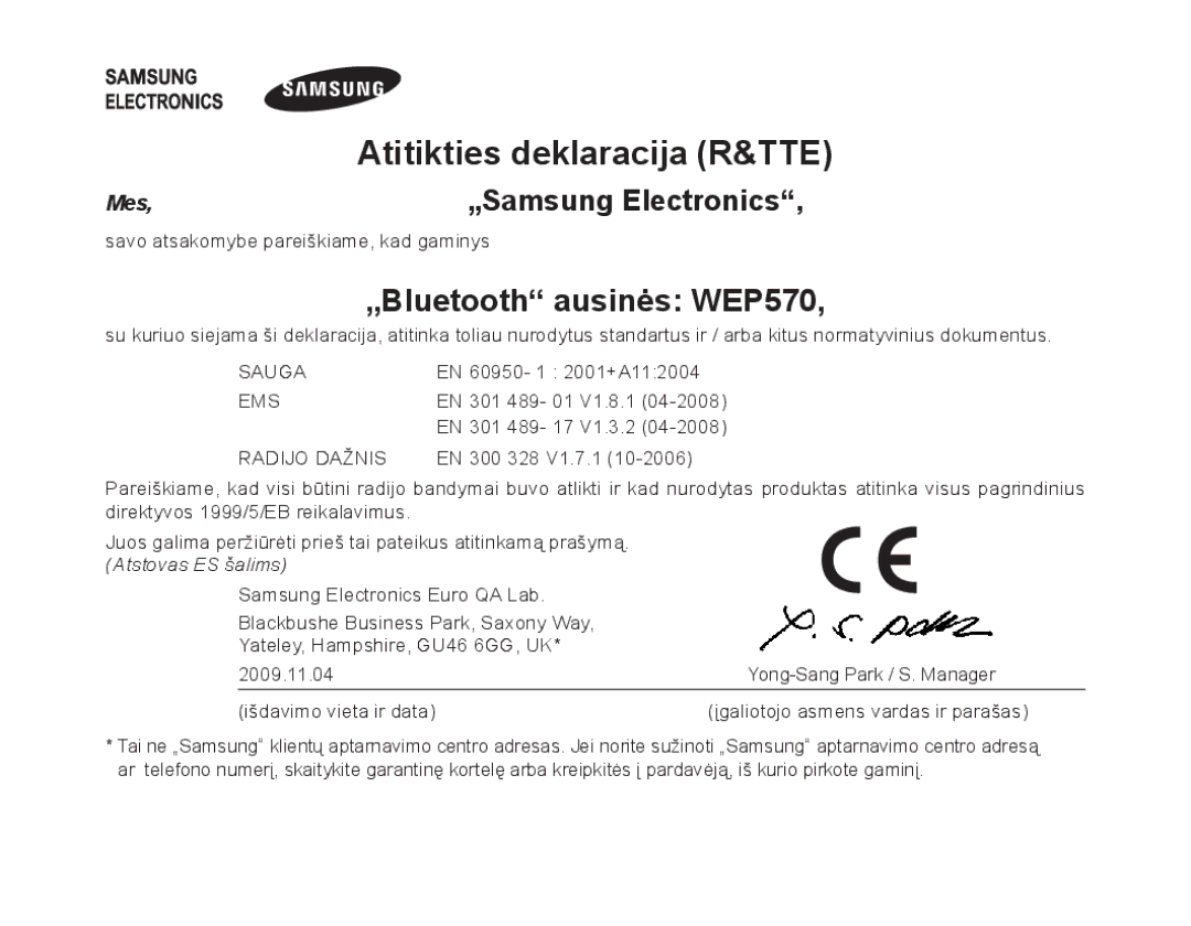 Samsung AWEP570VBECSER manual Atitikties deklaracija R&TTE, „Bluetooth ausinės WEP570 