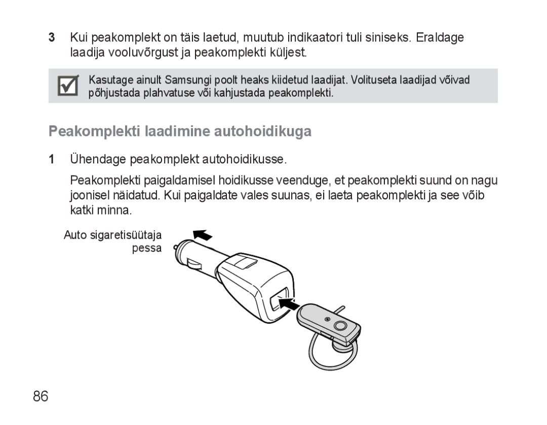 Samsung AWEP570VBECSER manual Peakomplekti laadimine autohoidikuga 