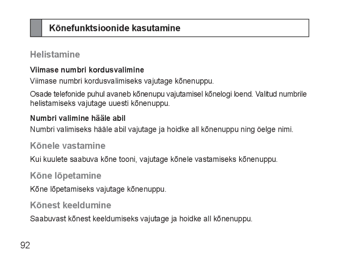 Samsung AWEP570VBECSER Kõnefunktsioonide kasutamine, Helistamine, Kõnele vastamine, Kõne lõpetamine, Kõnest keeldumine 