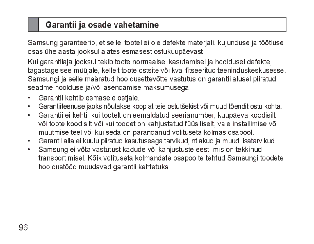 Samsung AWEP570VBECSER manual Garantii ja osade vahetamine 