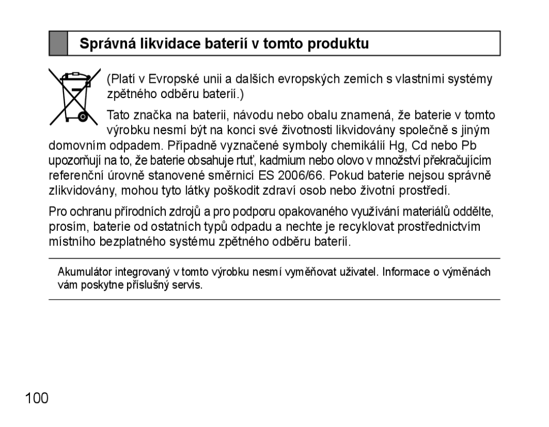 Samsung AWEP570VBECSER, AWEP570VBECXEF, AWEP570EBECXEF, AWEP570VBECXEH manual Správná likvidace baterií v tomto produktu 