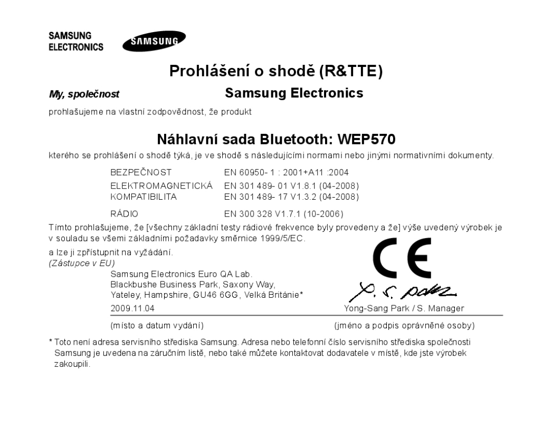 Samsung AWEP570EBECXEF, AWEP570VBECXEF, AWEP570VBECXEH manual Prohlášení o shodě R&TTE, Náhlavní sada Bluetooth WEP570 
