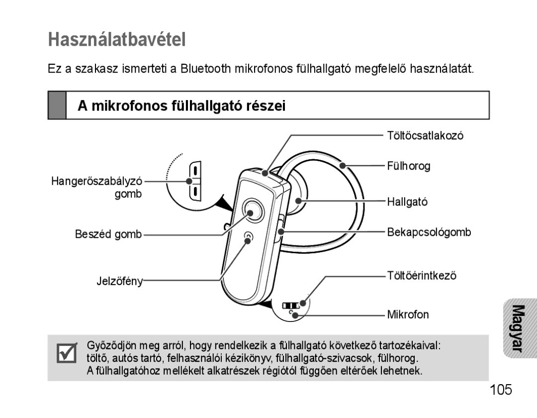 Samsung AWEP570VBECXEF, AWEP570EBECXEF, AWEP570VBECXEH, AWEP570VBECSER manual Használatbavétel, Mikrofonos fülhallgató részei 