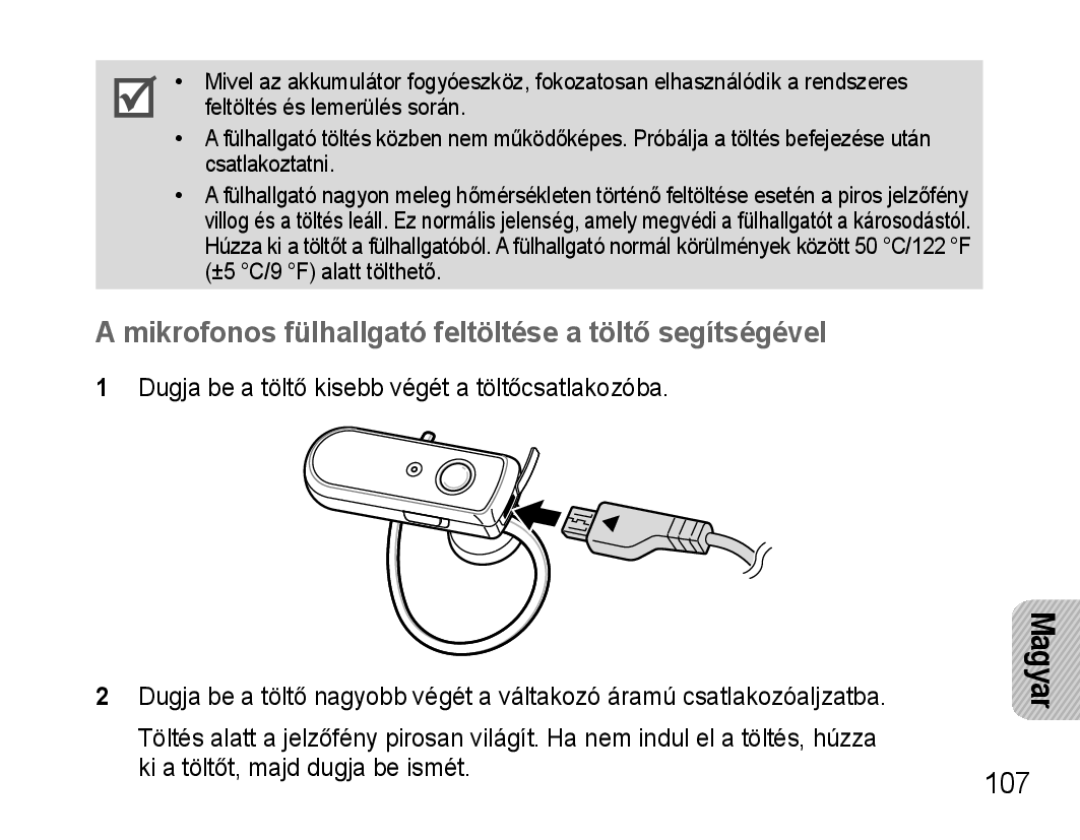 Samsung AWEP570VBECXEH, AWEP570VBECXEF, AWEP570EBECXEF manual Mikrofonos fülhallgató feltöltése a töltő segítségével, 107 