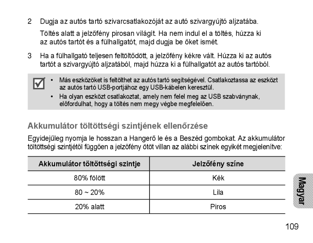 Samsung AWEP570VBECXEF Akkumulátor töltöttségi szintjének ellenőrzése, Akkumulátor töltöttségi szintje Jelzőfény színe 