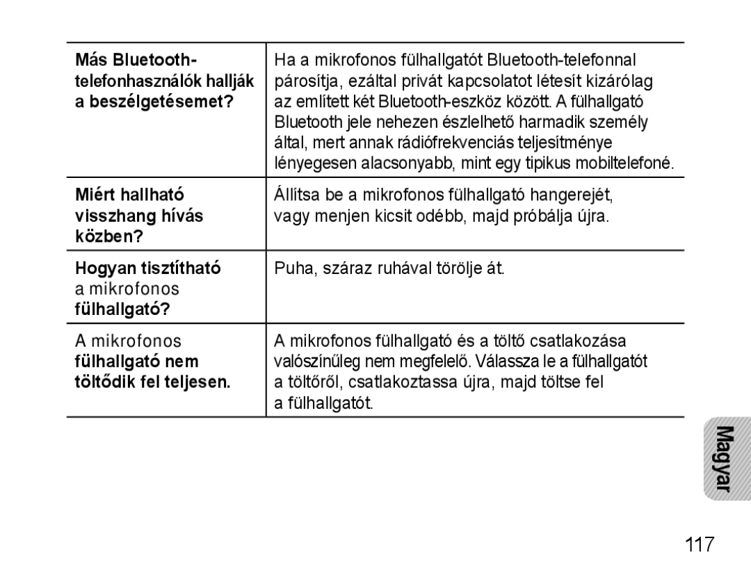 Samsung AWEP570VBECXEF manual Más Bluetooth, Telefonhasználók hallják, Beszélgetésemet?, Miért hallható, Visszhang hívás 