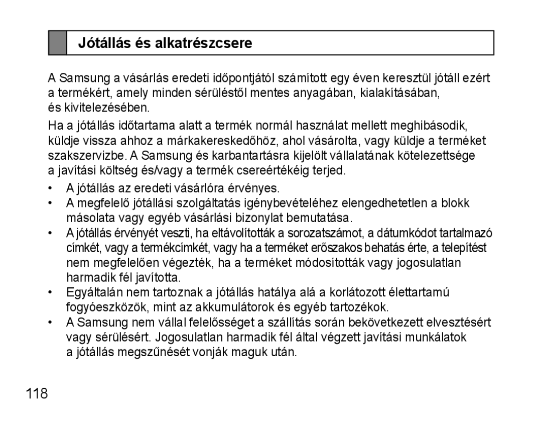 Samsung AWEP570EBECXEF, AWEP570VBECXEF, AWEP570VBECXEH, AWEP570VBECSER manual Jótállás és alkatrészcsere 