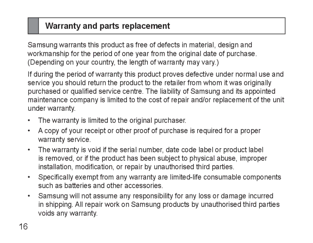 Samsung AWEP570VBECSER, AWEP570VBECXEF, AWEP570EBECXEF, AWEP570VBECXEH manual Warranty and parts replacement 