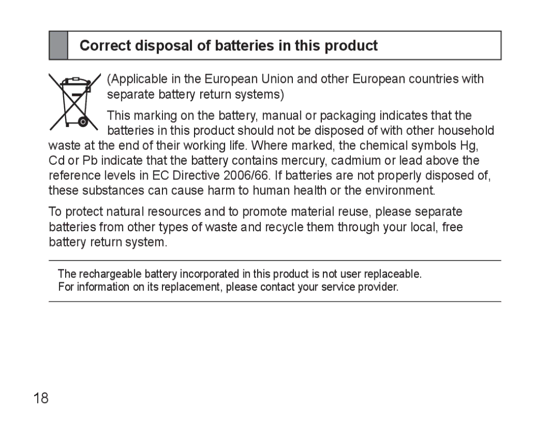 Samsung AWEP570EBECXEF, AWEP570VBECXEF, AWEP570VBECXEH, AWEP570VBECSER manual Correct disposal of batteries in this product 