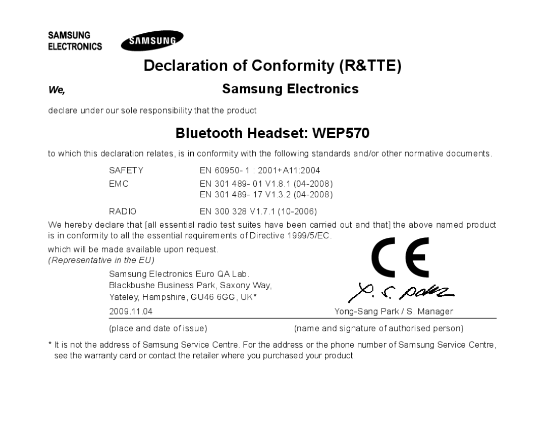 Samsung AWEP570VBECSER, AWEP570VBECXEF, AWEP570EBECXEF manual Declaration of Conformity R&TTE, Bluetooth Headset WEP570 