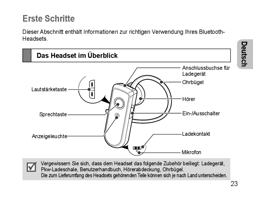 Samsung AWEP570VBECXEH, AWEP570VBECXEF, AWEP570EBECXEF, AWEP570VBECSER manual Erste Schritte, Das Headset im Überblick 