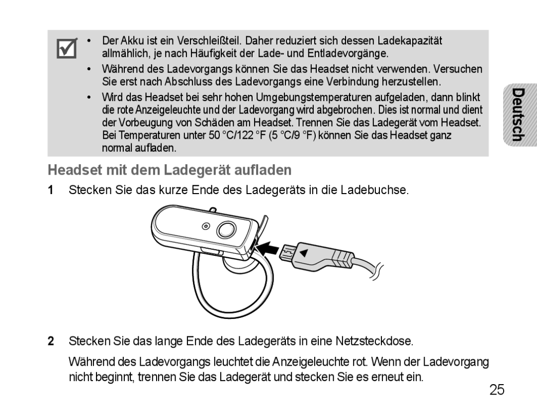 Samsung AWEP570VBECXEF, AWEP570EBECXEF, AWEP570VBECXEH, AWEP570VBECSER manual Headset mit dem Ladegerät aufladen 