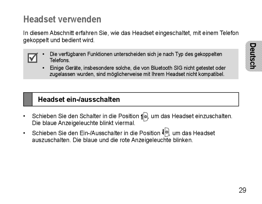 Samsung AWEP570VBECXEF, AWEP570EBECXEF, AWEP570VBECXEH, AWEP570VBECSER manual Headset verwenden, Headset ein-/ausschalten 