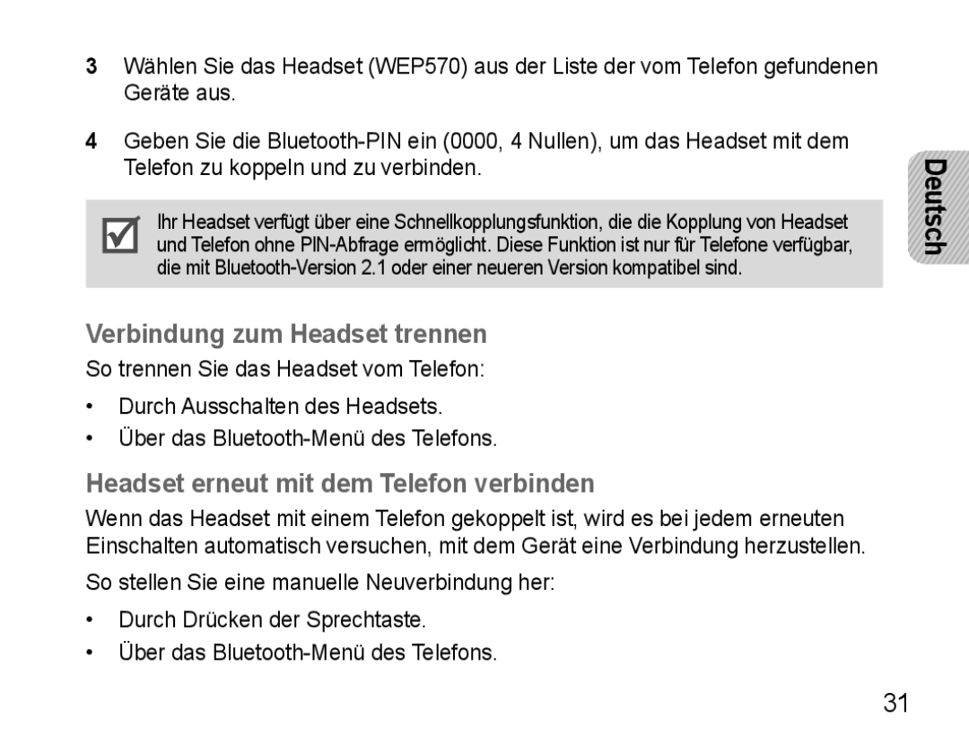 Samsung AWEP570VBECXEH, AWEP570VBECXEF manual Verbindung zum Headset trennen, Headset erneut mit dem Telefon verbinden 