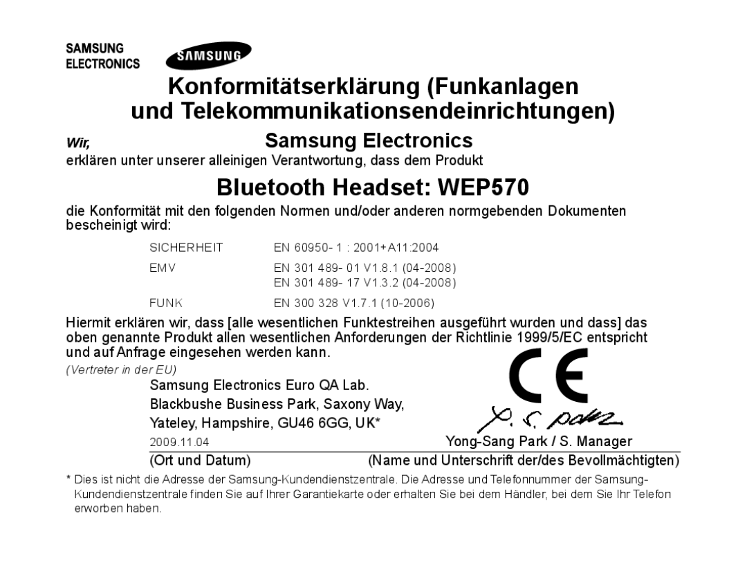 Samsung AWEP570VBECSER, AWEP570VBECXEF, AWEP570EBECXEF, AWEP570VBECXEH manual Bluetooth Headset WEP570, Samsung Electronics 