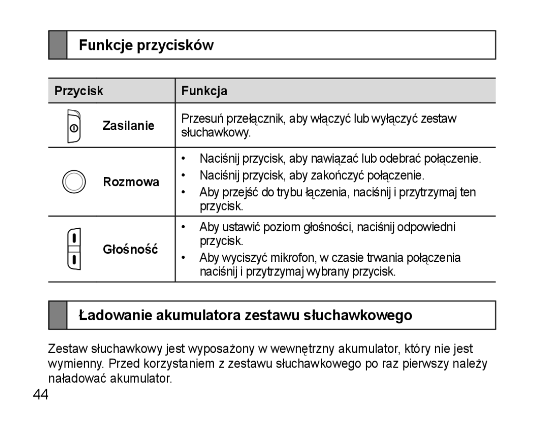 Samsung AWEP570VBECSER manual Funkcje przycisków, Ładowanie akumulatora zestawu słuchawkowego, Przycisk Funkcja Zasilanie 