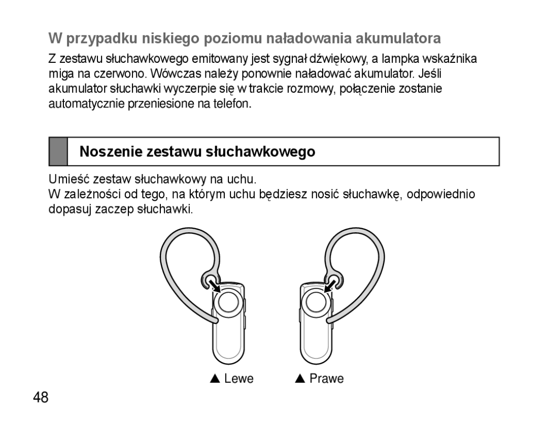 Samsung AWEP570VBECSER, AWEP570VBECXEF Przypadku niskiego poziomu naładowania akumulatora, Noszenie zestawu słuchawkowego 