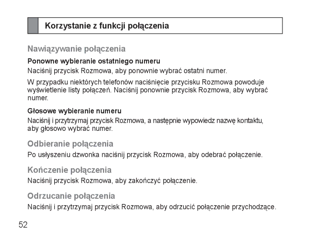 Samsung AWEP570VBECSER, AWEP570VBECXEF Korzystanie z funkcji połączenia, Nawiązywanie połączenia, Odbieranie połączenia 