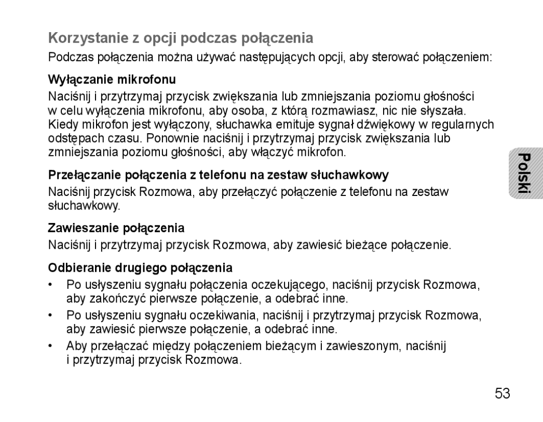 Samsung AWEP570VBECXEF manual Korzystanie z opcji podczas połączenia, Wyłączanie mikrofonu, Zawieszanie połączenia 