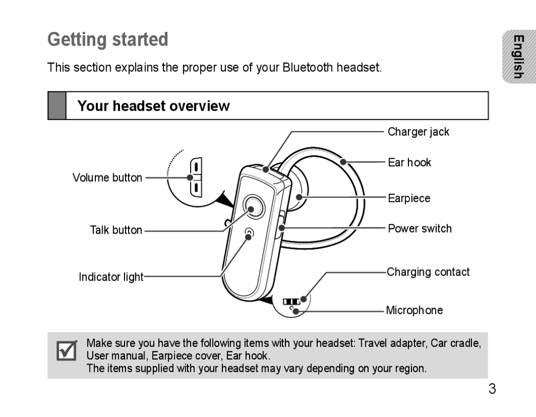 Samsung AWEP570VBECXEH, AWEP570VBECXEF, AWEP570EBECXEF, AWEP570VBECSER manual Getting started, Your headset overview 