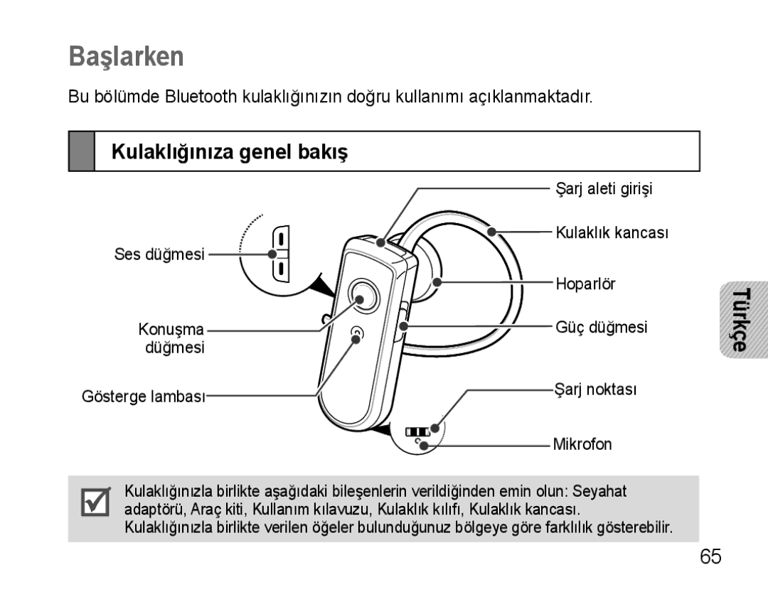 Samsung AWEP570VBECXEF, AWEP570EBECXEF, AWEP570VBECXEH, AWEP570VBECSER manual Başlarken, Kulaklığınıza genel bakış 