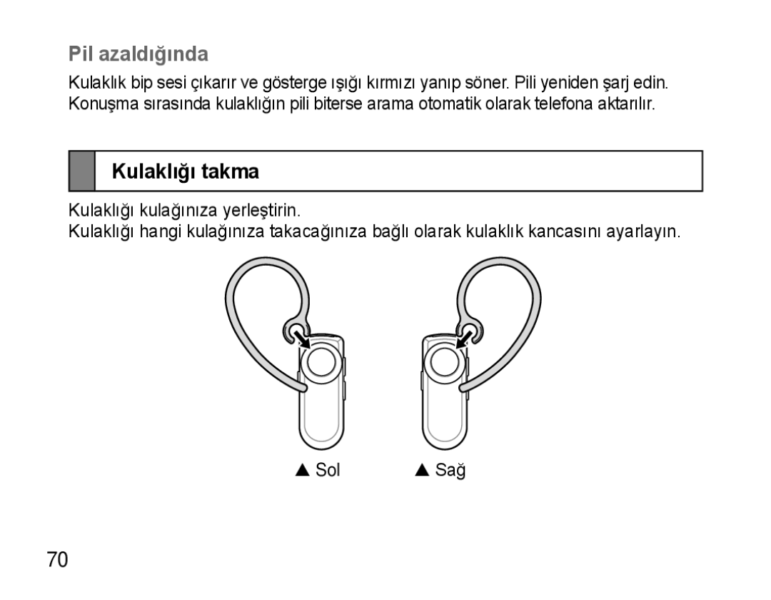 Samsung AWEP570EBECXEF, AWEP570VBECXEF, AWEP570VBECXEH, AWEP570VBECSER manual Pil azaldığında, Kulaklığı takma 