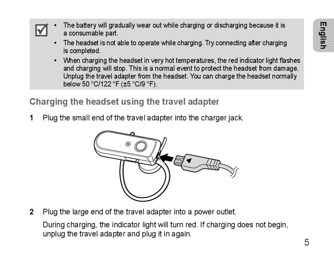 Samsung AWEP570VBECXEF, AWEP570EBECXEF, AWEP570VBECXEH, AWEP570VBECSER manual Charging the headset using the travel adapter 