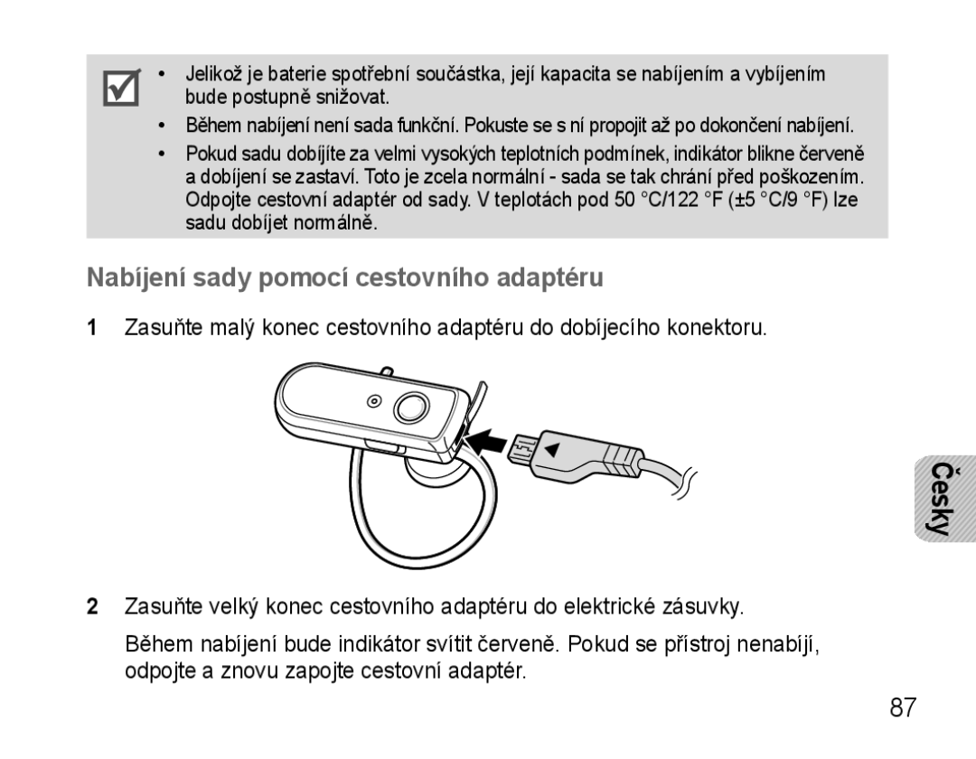 Samsung AWEP570VBECXEH, AWEP570VBECXEF, AWEP570EBECXEF, AWEP570VBECSER manual Nabíjení sady pomocí cestovního adaptéru 