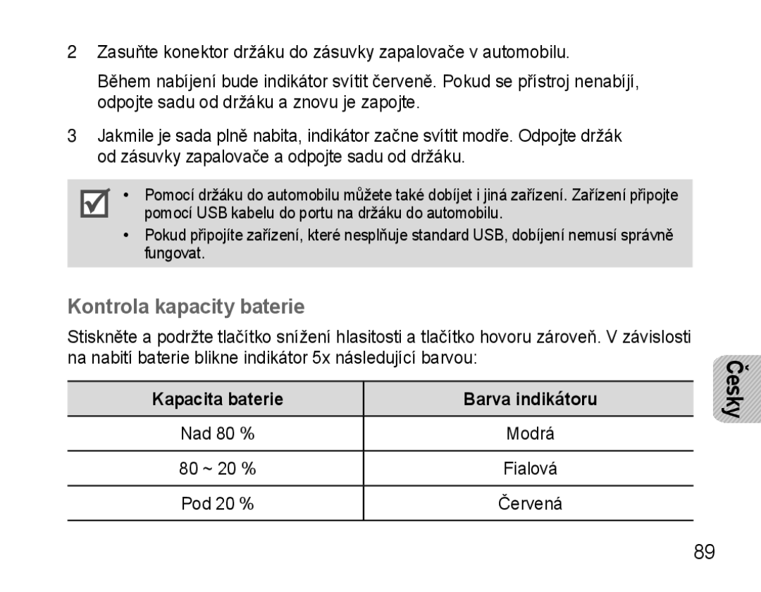 Samsung AWEP570VBECXEF, AWEP570EBECXEF, AWEP570VBECXEH manual Kontrola kapacity baterie, Kapacita baterie Barva indikátoru 