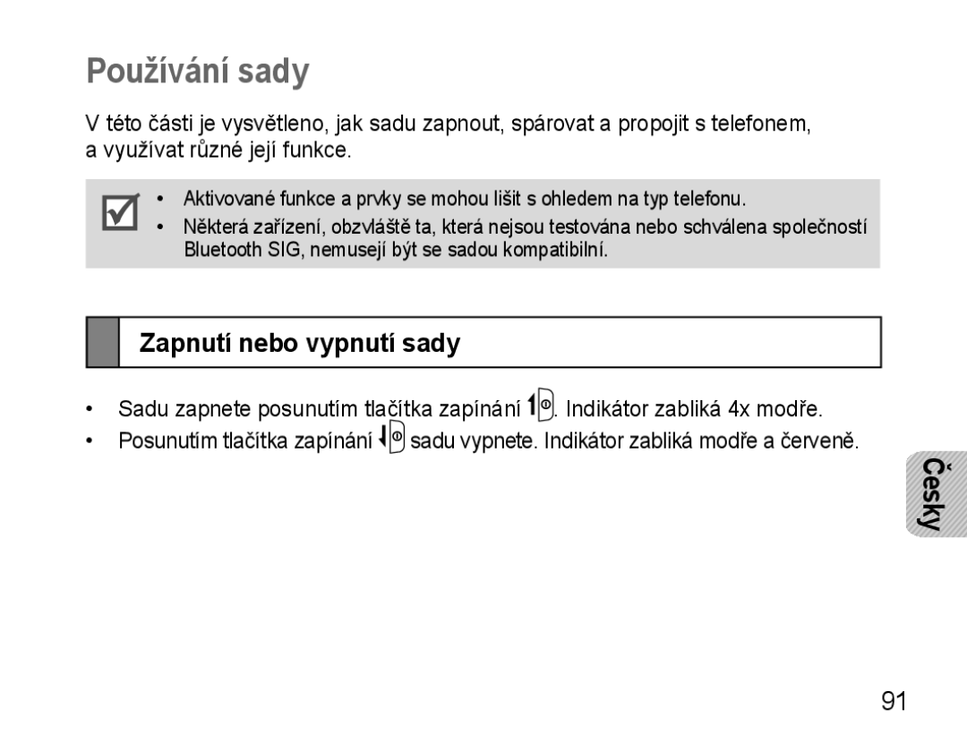 Samsung AWEP570VBECXEH, AWEP570VBECXEF, AWEP570EBECXEF, AWEP570VBECSER manual Používání sady, Zapnutí nebo vypnutí sady 